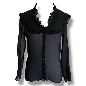 Cacharel Womens Silk Top Sz Small Black Sheer Ruffle Neck Blouse Button Up Shirt